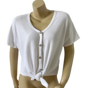 Acemi White Thermal Crop Top Large Waffle Knit Tie Front Thermal Womens Large